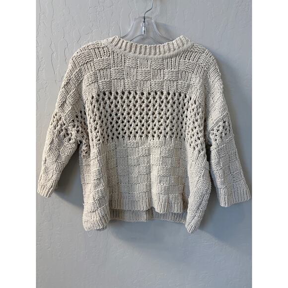 Anthropologie Moth Sz M Chenille Sweater Chunky Cropped Beige Boho Open Knit - Picture 2 of 7